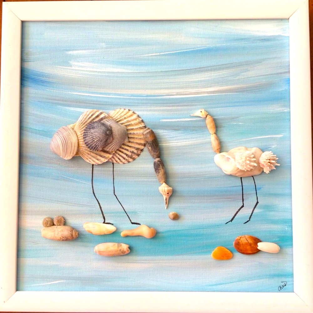 Artisan Handcrafted Seashell Art with White Frame